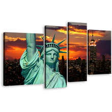 Load image into Gallery viewer, NYC Twilight Canvas Wall Art, Green Lady Liberty Canvas Print, Statue of Liberty Close Up 4 Piece Canvas, Orange New York City Multiple Canvas
