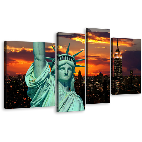 NYC Twilight Canvas Wall Art, Green Lady Liberty Canvas Print, Statue of Liberty Close Up 4 Piece Canvas, Orange New York City Multiple Canvas