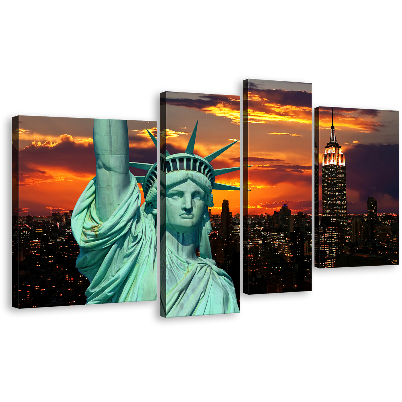 NYC Twilight Canvas Wall Art, Green Lady Liberty Canvas Print, Statue of Liberty Close Up 4 Piece Canvas, Orange New York City Multiple Canvas