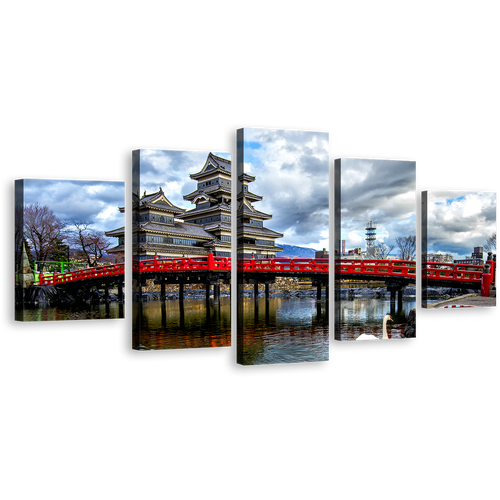 Nagano Ken Japan Canvas Wall Art, Medieval Castle Blue Sky Canvas Print, Matsumoto Castle 5 Piece Multi Canvas, Red Bridge in Eastern Honshu Canvas Artwork