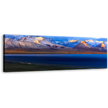 Load image into Gallery viewer, Nam lake Canvas Wall Art, Blue Ocean Mountains Canvas Artwork, China Namtso Mountain Lake Panoramic Canvas Print, Yellow Tibet Sunrise Wide Canvas
