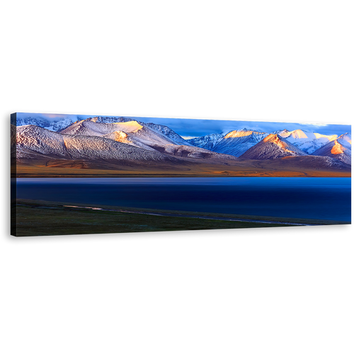 Nam lake Canvas Wall Art, Blue Ocean Mountains Canvas Artwork, China Namtso Mountain Lake Panoramic Canvas Print, Yellow Tibet Sunrise Wide Canvas