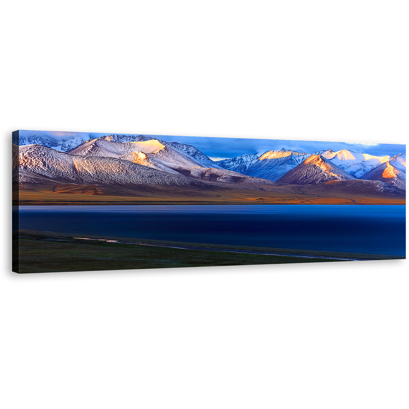 Nam lake Canvas Wall Art, Blue Ocean Mountains Canvas Artwork, China Namtso Mountain Lake Panoramic Canvas Print, Yellow Tibet Sunrise Wide Canvas