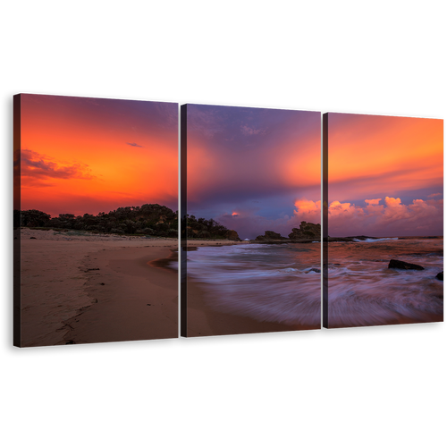 Nambucca Heads Canvas Wall Art Australia Dramatic Orange Sky Ocean Triptych Canvas Print, Brown Wellington Beach 3 Piece Canvas Set