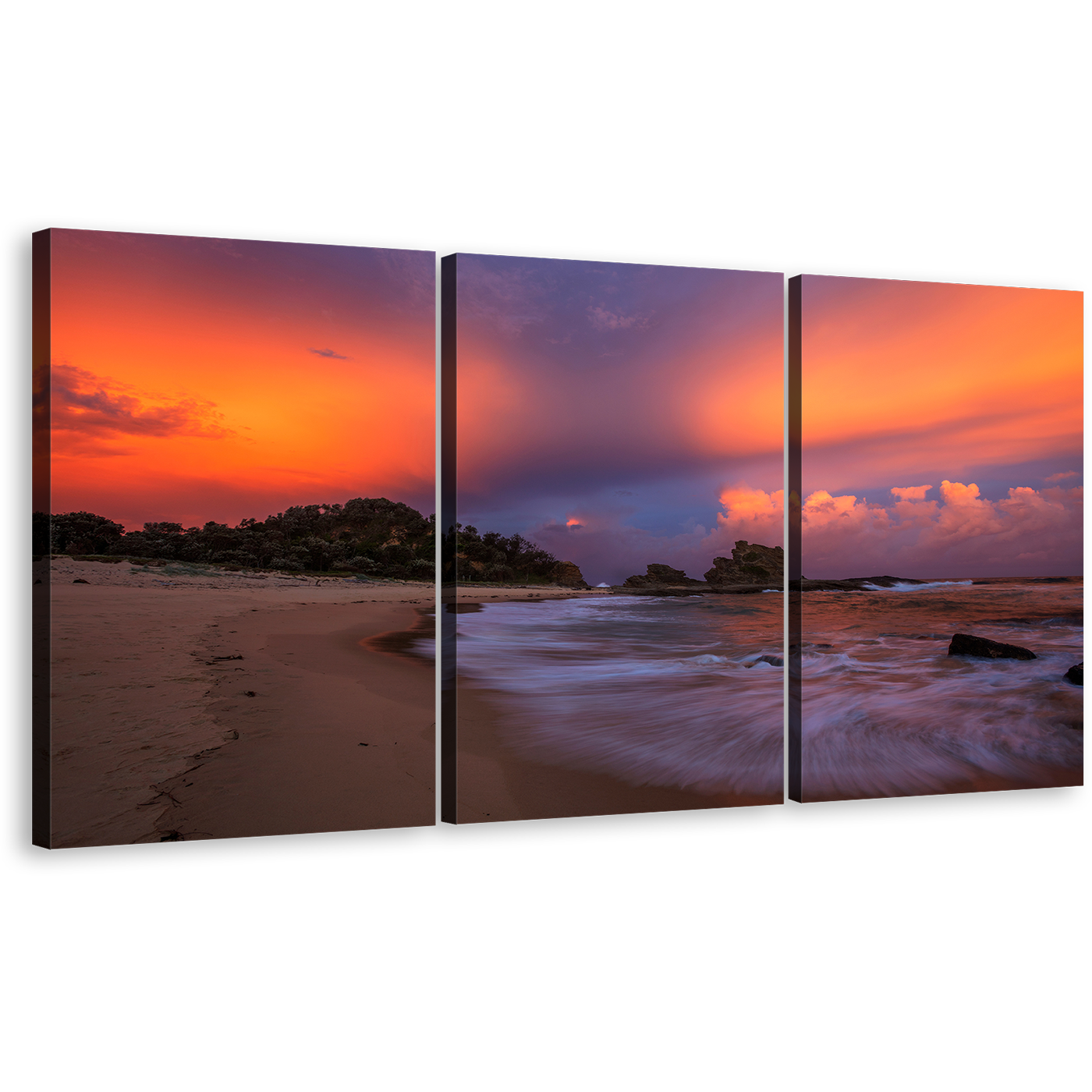 Nambucca Heads Canvas Wall Art Australia Dramatic Orange Sky Ocean Triptych Canvas Print, Brown Wellington Beach 3 Piece Canvas Set