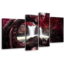 Load image into Gallery viewer, National Park Canvas Print, Thailand Red Tree Scenery Waterfall 4 Piece Canvas Wall Art, White Haew Suwat Waterfall Nature Canvas Set
