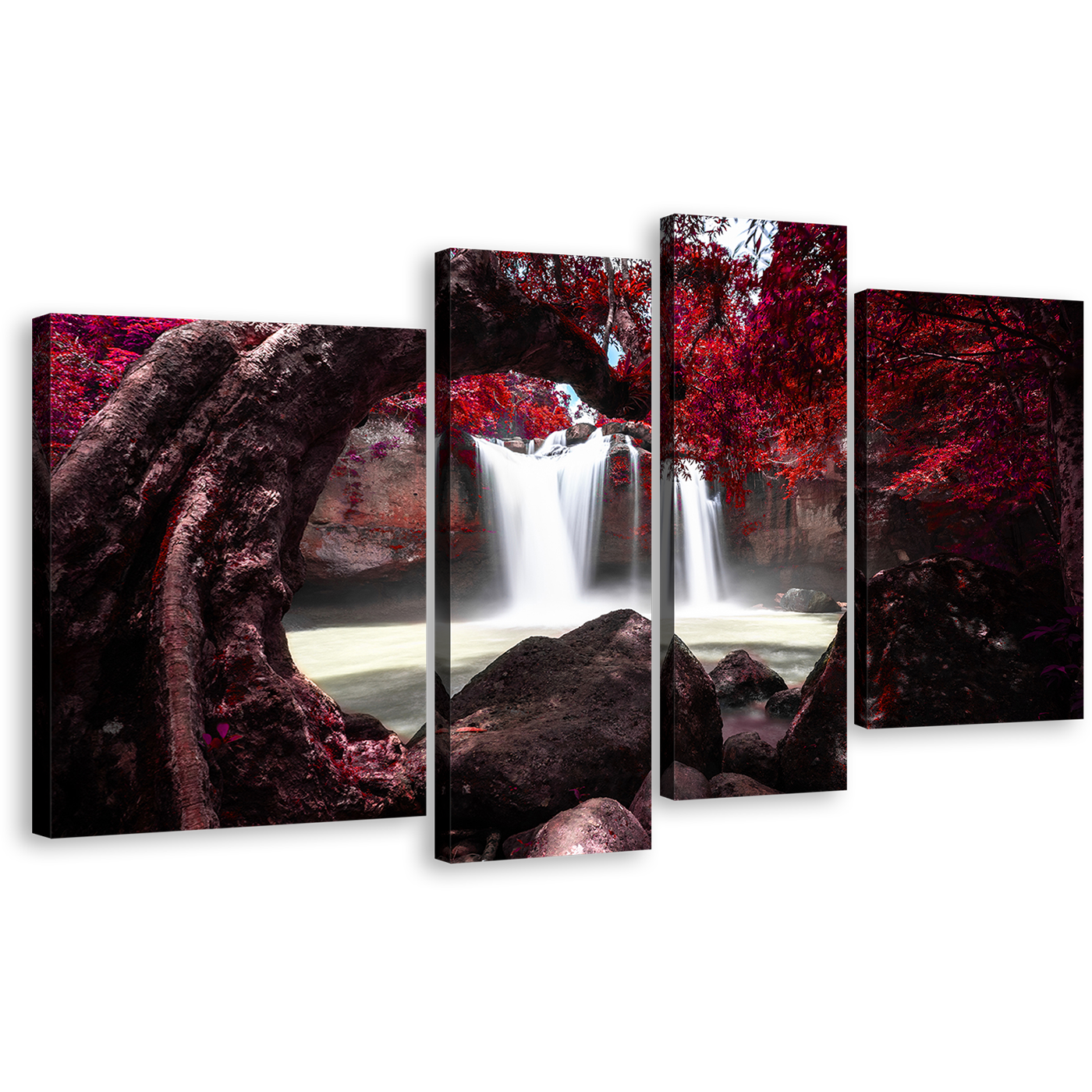 National Park Canvas Print, Thailand Red Tree Scenery Waterfall 4 Piece Canvas Wall Art, White Haew Suwat Waterfall Nature Canvas Set