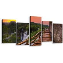 Load image into Gallery viewer, National Park Canvas Wall Art, Plitvice Lake Green Forest Waterfall 5 Piece Multiple Canvas, Brown Landscape Bridge Waterfall Scenery Canvas Print
