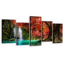 Load image into Gallery viewer, National Park Canvas Wall Art, Red Green Autumn Trees Canvas Print, Thailand White Waterfall Forest 5 Piece Multi Panel Canvas
