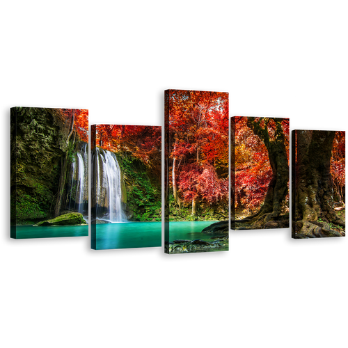 National Park Canvas Wall Art, Red Green Autumn Trees Canvas Print, Thailand White Waterfall Forest 5 Piece Multi Panel Canvas