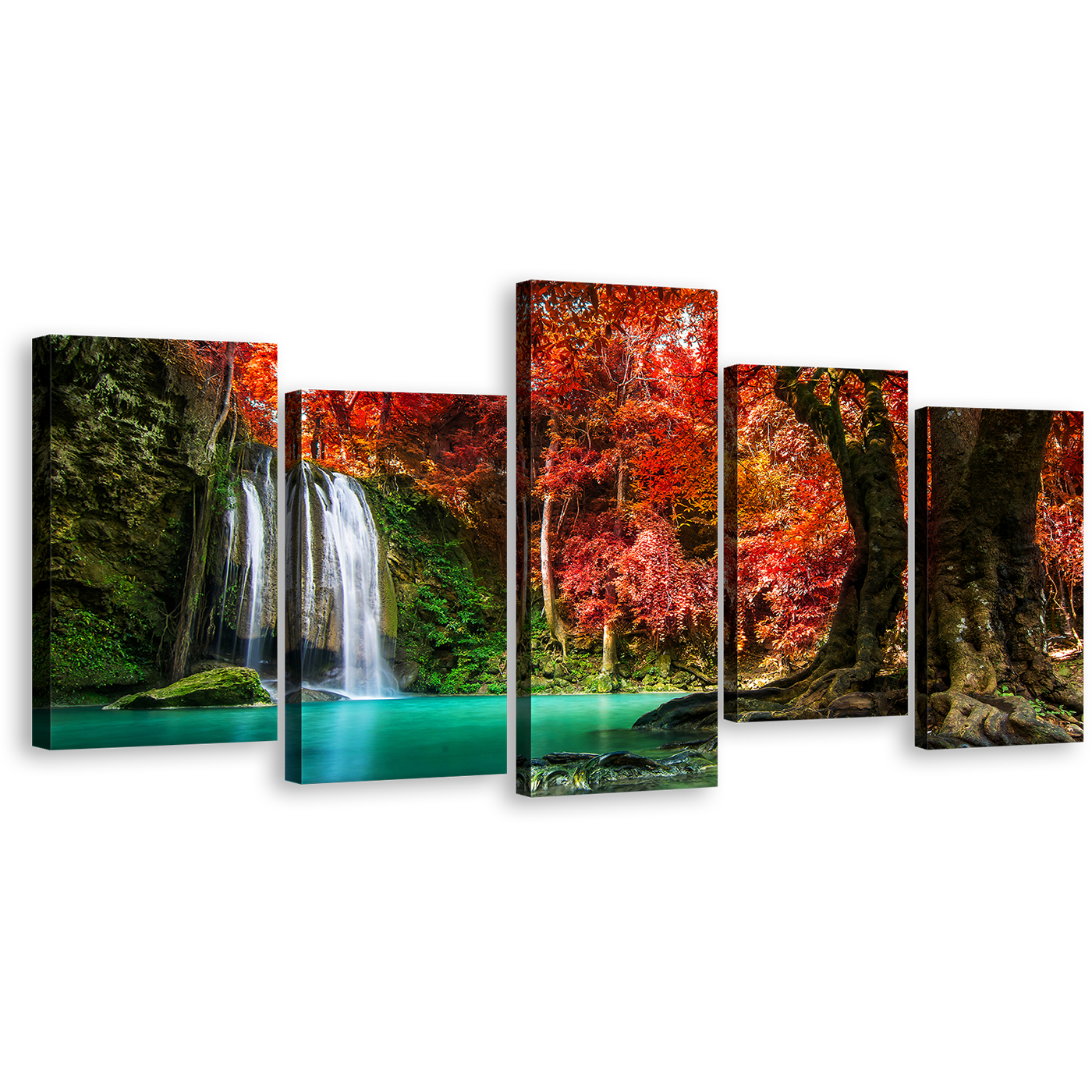 National Park Canvas Wall Art, Red Green Autumn Trees Canvas Print, Thailand White Waterfall Forest 5 Piece Multi Panel Canvas