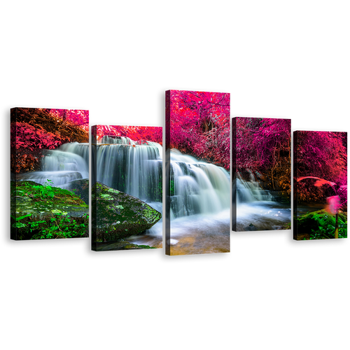 Nature Forest Canvas Wall Art, Amazing Waterfall Scenery Multi Canvas, Colorful Forest Waterfall 5 Piece Canvas Print