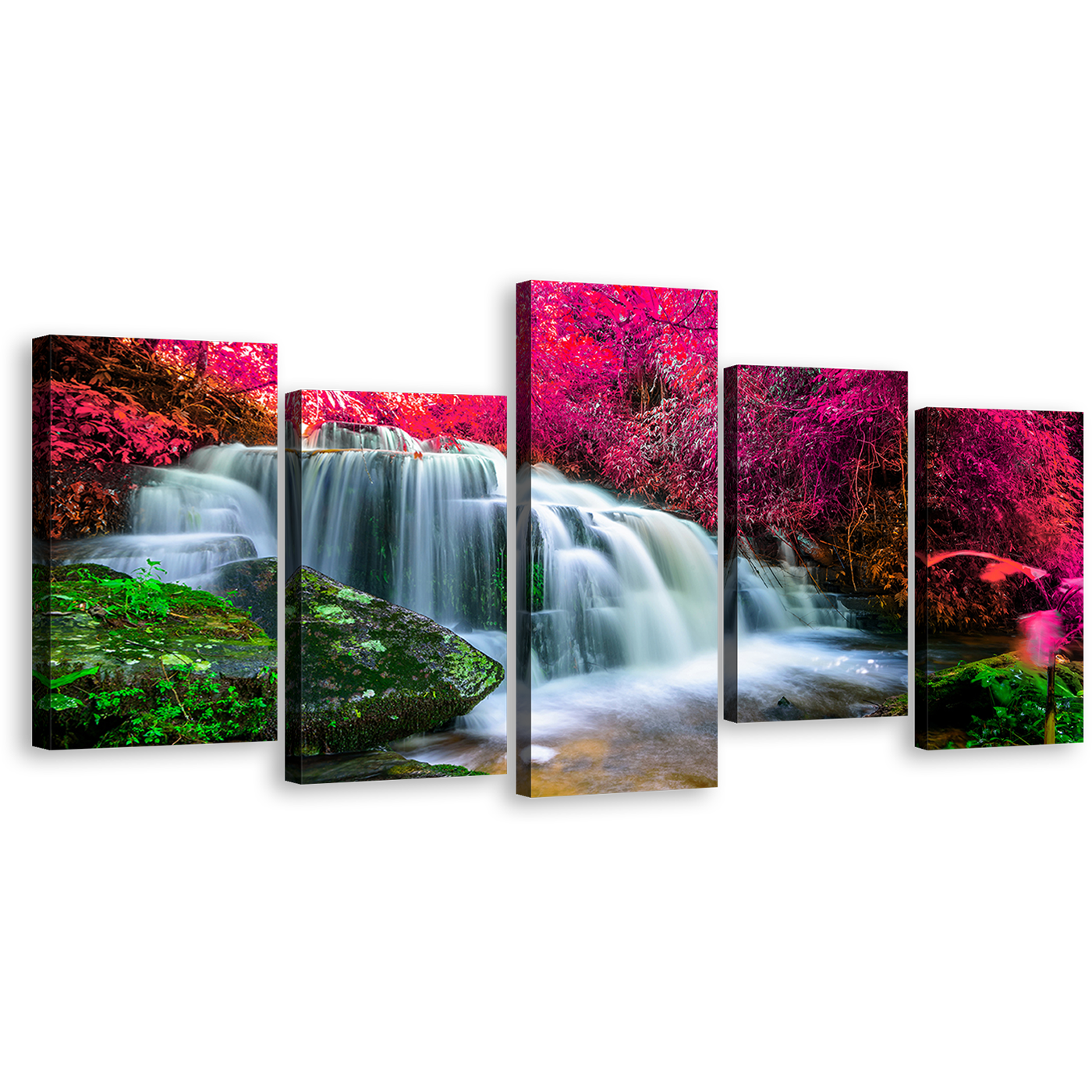 Nature Forest Canvas Wall Art, Amazing Waterfall Scenery Multi Canvas, Colorful Forest Waterfall 5 Piece Canvas Print