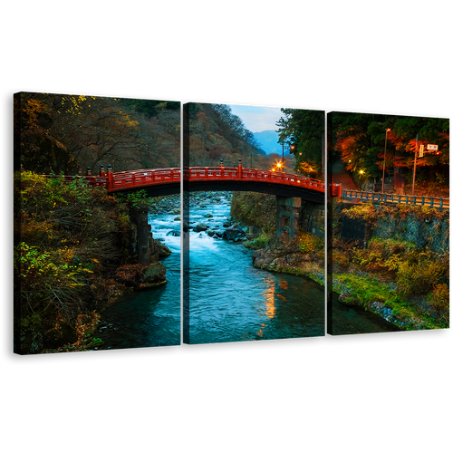 Nature Scenery Canvas Print, Blue Clear Water Forest 3 Piece Canvas Set, Japan Green Rocks Forest Multi Canvas, Red Shinkyo Bridge Triptych Canvas Wall Art