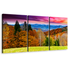 Load image into Gallery viewer, Nature Scenery Canvas Print, Dramatic Purple Cloudy Sky Landscape 3 Piece Multi Canvas, Beautiful Blue Mountains Trees Wall Art
