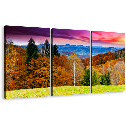 Nature Scenery Canvas Print, Dramatic Purple Cloudy Sky Landscape 3 Piece Multi Canvas, Beautiful Blue Mountains Trees Wall Art