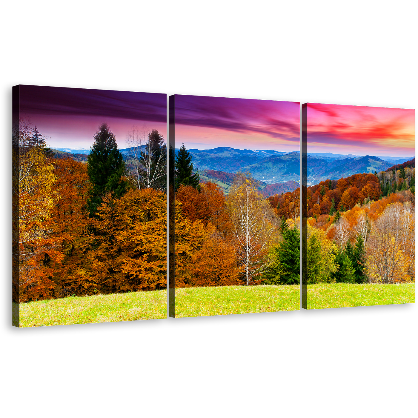 Nature Scenery Canvas Print, Dramatic Purple Cloudy Sky Landscape 3 Piece Multi Canvas, Beautiful Blue Mountains Trees Wall Art