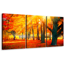 Load image into Gallery viewer, Nature Scenery Canvas Print, Red Autumn Fall Nature Scenery Triptych Multi Canvas, Yellow Sunbeam Trees Forest 3 Piece Canvas Wall Art
