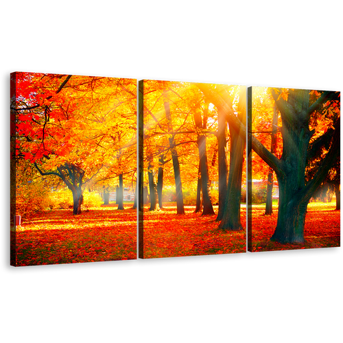 Nature Scenery Canvas Print, Red Autumn Fall Nature Scenery Triptych Multi Canvas, Yellow Sunbeam Trees Forest 3 Piece Canvas Wall Art