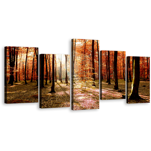 Nature Scenery Canvas Wall Art, Green Fields Autumn Forest 5 Piece Multi Panel Canvas, Orange Trees Sunrise Forest Canvas Print