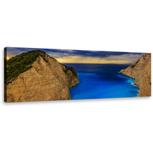 Load image into Gallery viewer, Navagio Beach Canvas Wall Art, Brown Zakynthos Island Cliffs and Yellow Sky Azure Ocean View Panoramic Canvas Print
