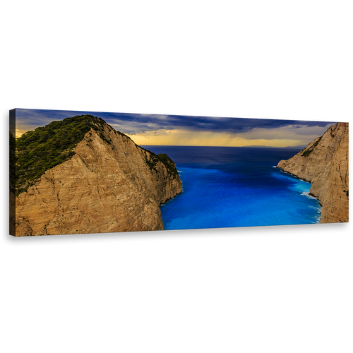 Navagio Beach Canvas Wall Art, Brown Zakynthos Island Cliffs and Yellow Sky Azure Ocean View Panoramic Canvas Print