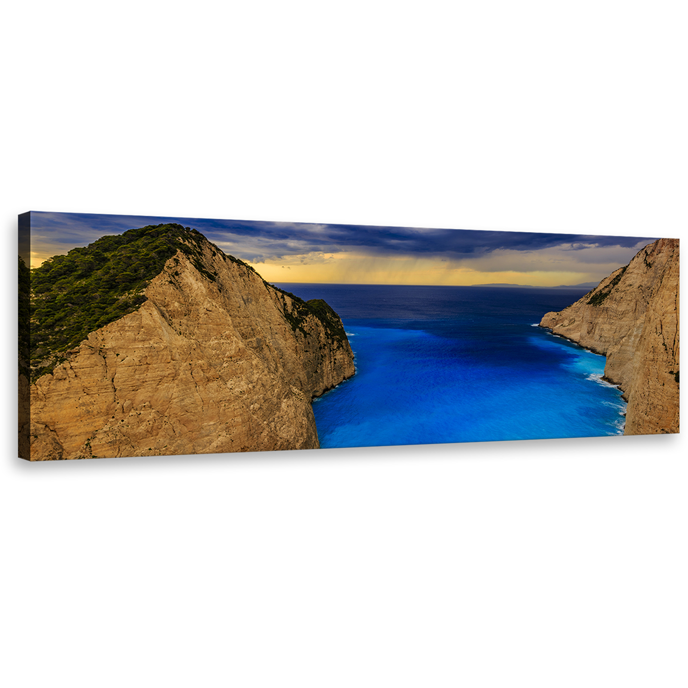 Navagio Beach Canvas Wall Art, Brown Zakynthos Island Cliffs and Yellow Sky Azure Ocean View Panoramic Canvas Print