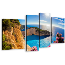 Load image into Gallery viewer, Navagio Ocean Wall Art, Blue Greece Navagio Beach Sunrise 4 Piece Multiple Canvas, Green Ocean Mountain Cliff Canvas Print
