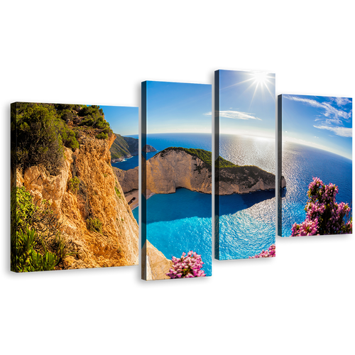 Navagio Ocean Wall Art, Blue Greece Navagio Beach Sunrise 4 Piece Multiple Canvas, Green Ocean Mountain Cliff Canvas Print