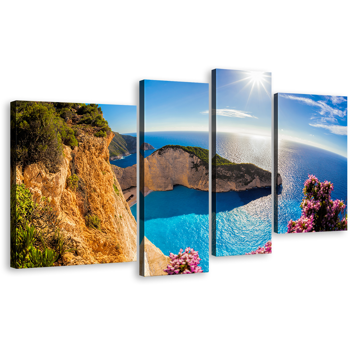 Navagio Ocean Wall Art, Blue Greece Navagio Beach Sunrise 4 Piece Multiple Canvas, Green Ocean Mountain Cliff Canvas Print