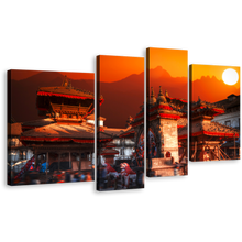 Load image into Gallery viewer, Nepal City Canvas Wall Art, Kathmandu Valley Orange Skyline Canvas Print, Patan Durbar Square Red Sky 4 Piece Canvas
