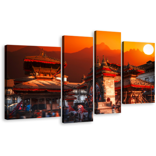 Nepal City Canvas Wall Art, Kathmandu Valley Orange Skyline Canvas Print, Patan Durbar Square Red Sky 4 Piece Canvas