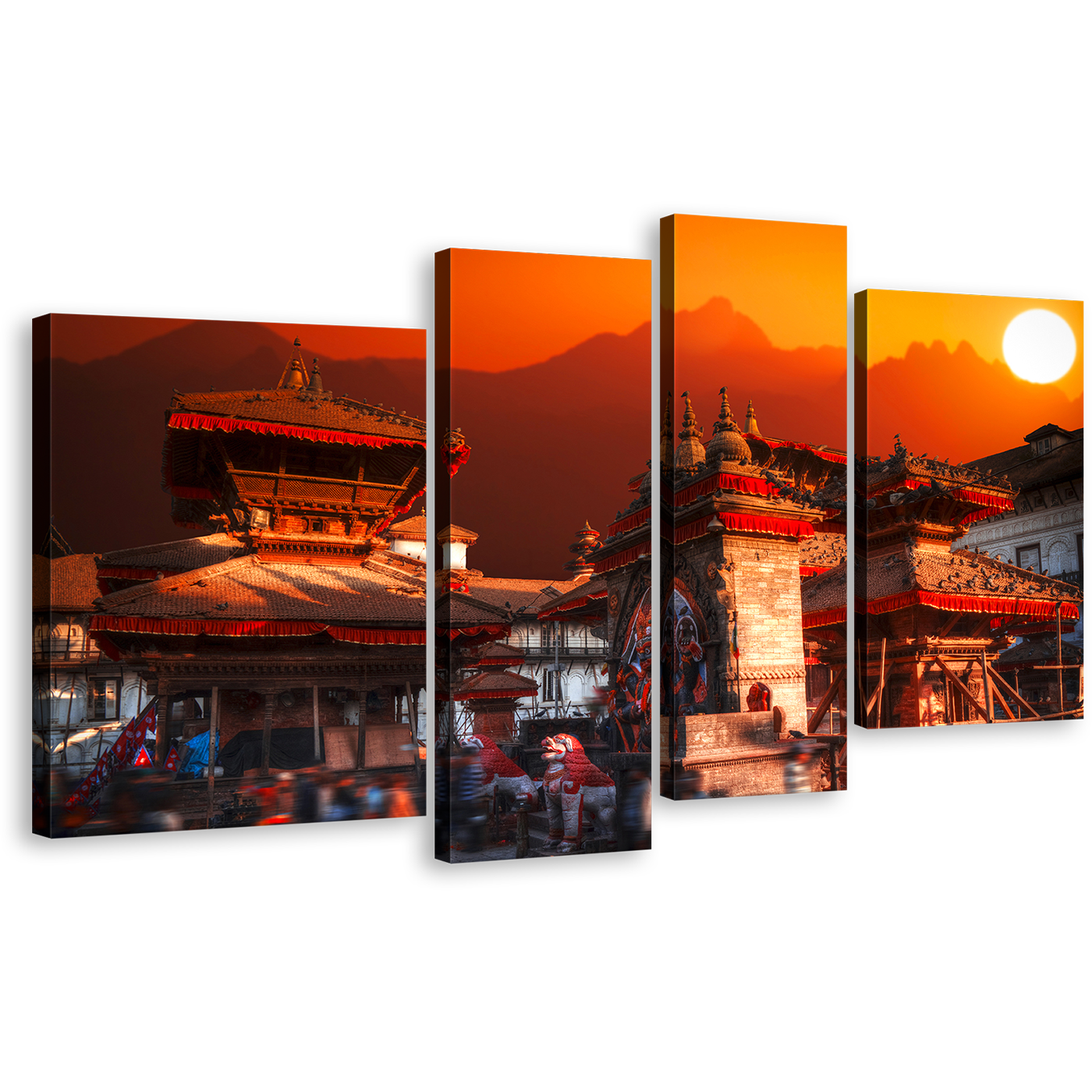 Nepal City Canvas Wall Art, Kathmandu Valley Orange Skyline Canvas Print, Patan Durbar Square Red Sky 4 Piece Canvas