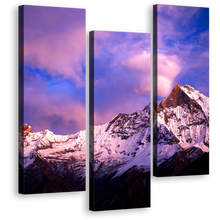 Load image into Gallery viewer, Nepal Landscape Canvas Wall Art, Amazing North Central Mountain Canvas Print, Brilliant Purple Blue Fish Tail Sky 3 Piece Multiple Canvas
