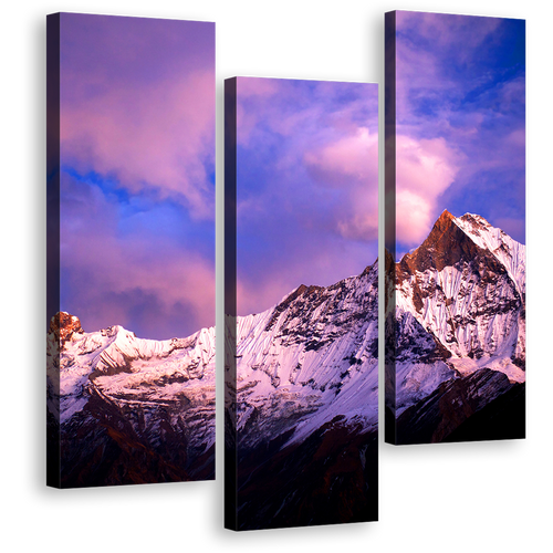 Nepal Landscape Canvas Wall Art, Amazing North Central Mountain Canvas Print, Brilliant Purple Blue Fish Tail Sky 3 Piece Multiple Canvas