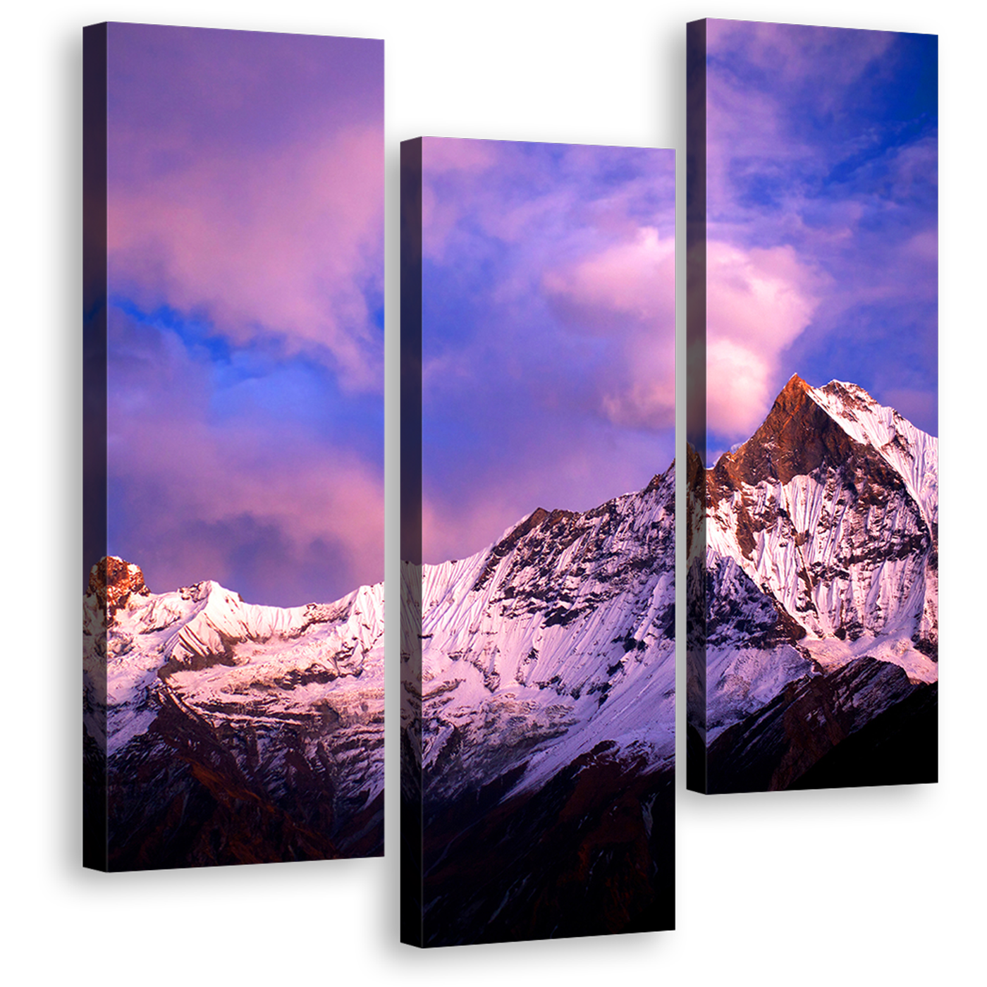 Nepal Landscape Canvas Wall Art, Amazing North Central Mountain Canvas Print, Brilliant Purple Blue Fish Tail Sky 3 Piece Multiple Canvas