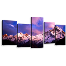 Load image into Gallery viewer, Nepal Mountain Canvas Wall Art, Amazing Blue Purple Fish Tail Sky 5 Piece Canvas Set, Brilliant Machapuchare North Central Landscape Canvas Print
