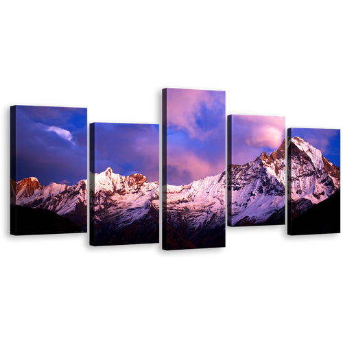 Nepal Mountain Canvas Wall Art, Amazing Blue Purple Fish Tail Sky 5 Piece Canvas Set, Brilliant Machapuchare North Central Landscape Canvas Print