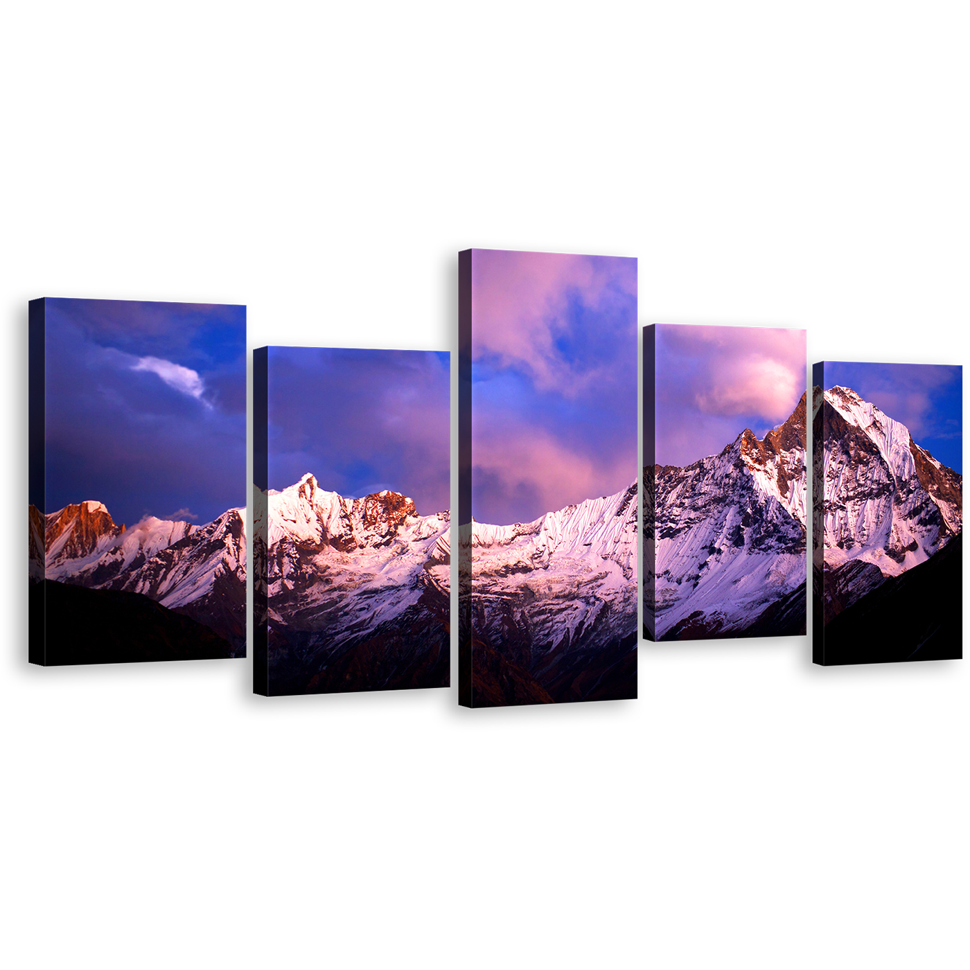 Nepal Mountain Canvas Wall Art, Amazing Blue Purple Fish Tail Sky 5 Piece Canvas Set, Brilliant Machapuchare North Central Landscape Canvas Print