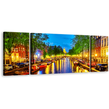 Load image into Gallery viewer, Netherlands Harbor Canvas Print, Amsterdam City Reflection 3 Piece Canvas Wall Art, Colorful Evening Canal View Multi-panel Canvas Artwork
