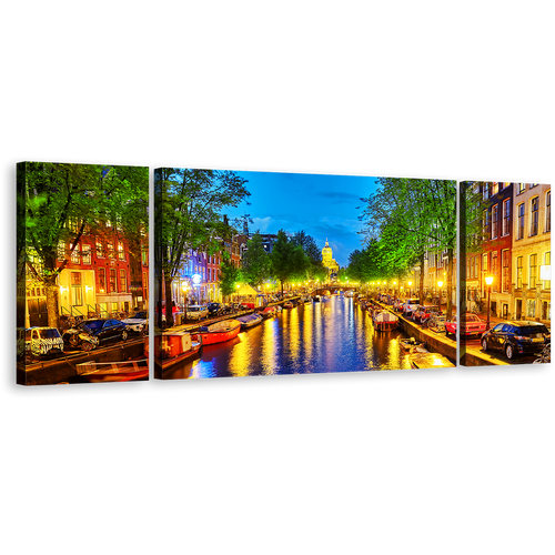 Netherlands Harbor Canvas Print, Amsterdam City Reflection 3 Piece Canvas Wall Art, Colorful Evening Canal View Multi-panel Canvas Artwork