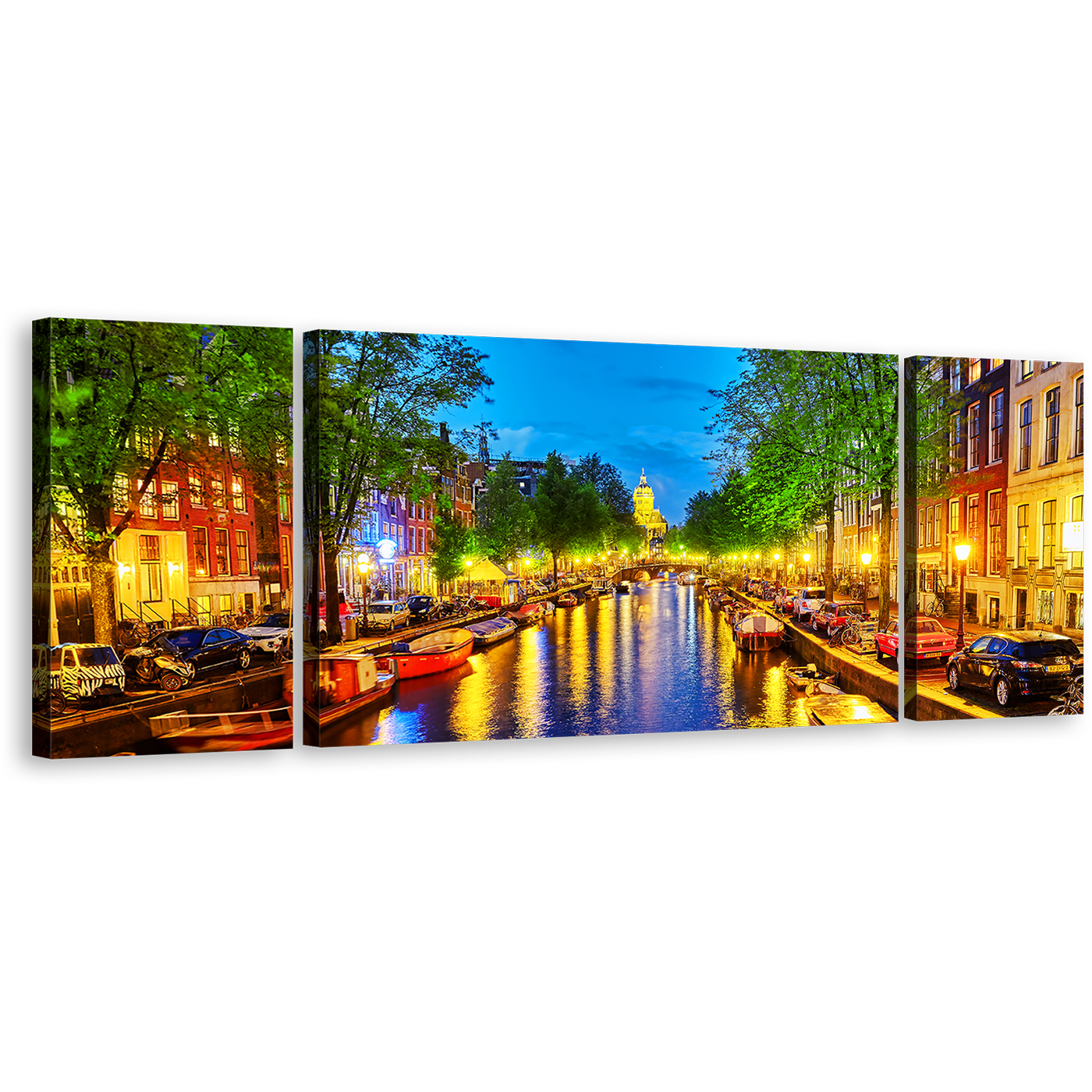 Netherlands Harbor Canvas Print, Amsterdam City Reflection 3 Piece Canvas Wall Art, Colorful Evening Canal View Multi-panel Canvas Artwork