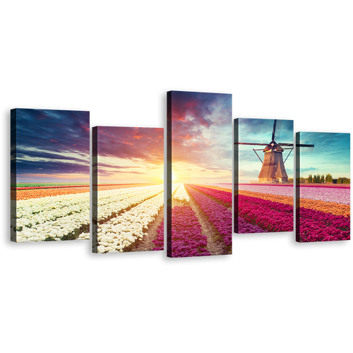 Netherlands Windmill Canvas Wall Art, Green Windmill Scenery 5 Piece Multi Canvas Artwork, Yellow White Tulips Sun Field Canvas Print