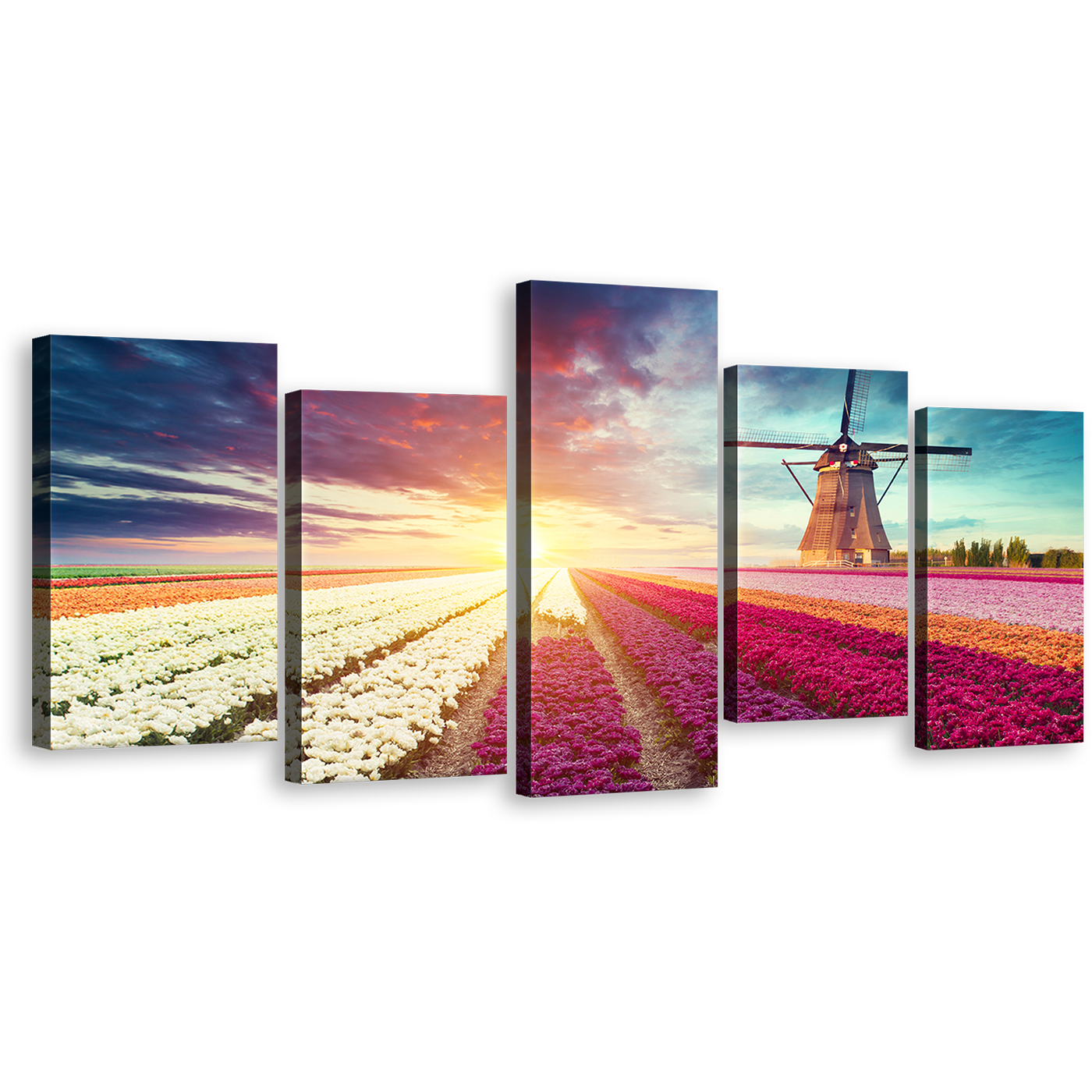 Netherlands Windmill Canvas Wall Art, Green Windmill Scenery 5 Piece Multi Canvas Artwork, Yellow White Tulips Sun Field Canvas Print