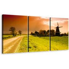 Load image into Gallery viewer, Netherlands Windmill Wall Art, Green Field Scenery 3 Piece Canvas Multi-panel Print, Beautiful Orange Sunset Canvas Set
