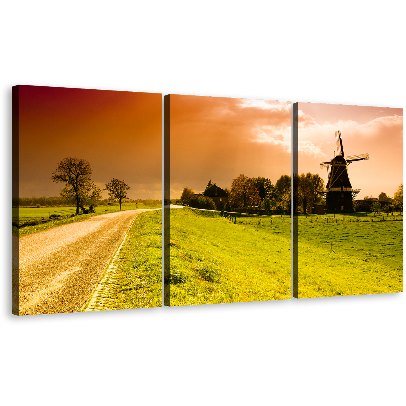 Netherlands Windmill Wall Art, Green Field Scenery 3 Piece Canvas Multi-panel Print, Beautiful Orange Sunset Canvas Set