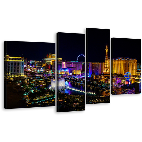 Nevada Casino Canvas Wall Art, Blue Las Vegas Skyline 4 Piece Canvas Print, Black Night Sky Canvas Artwork