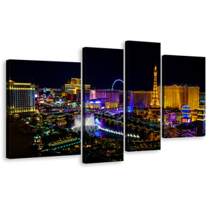 Nevada Casino Canvas Wall Art, Blue Las Vegas Skyline 4 Piece Canvas Print, Black Night Sky Canvas Artwork