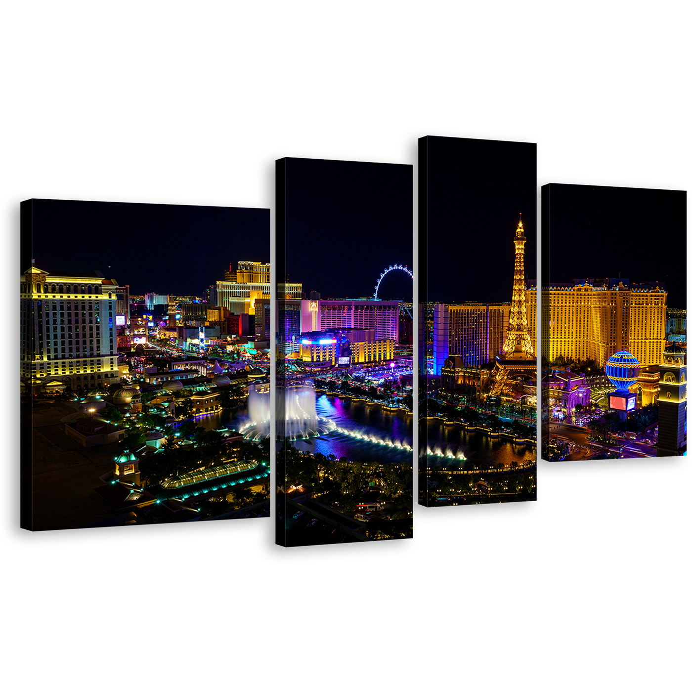 Nevada Casino Canvas Wall Art, Blue Las Vegas Skyline 4 Piece Canvas Print, Black Night Sky Canvas Artwork