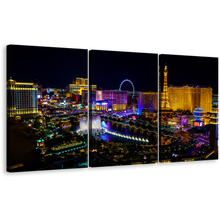 Load image into Gallery viewer, Nevada Skyline Canvas Wall Art, Las Vegas Black Night Sky Triptych Canvas Print, Blue 3 Piece Canvas Artwork
